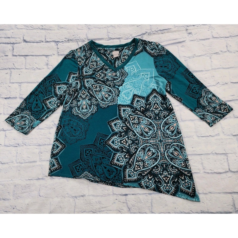 Chicos WOMENS 1 US M Green Paisley Asymmetrical Hem 3/4 Sleeve Pullover Stretch